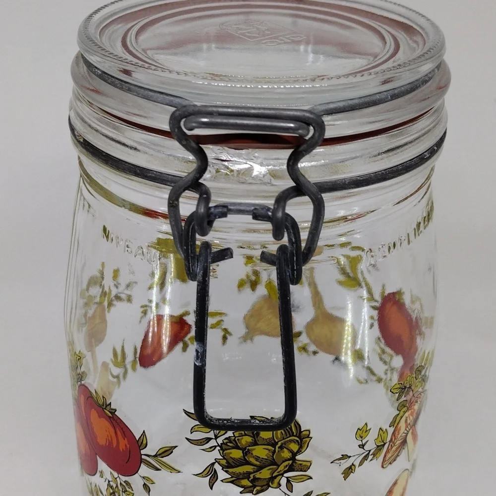 Vintage Arc France Spice‎ of Life Print Glass Hinged Canister 1 Liter